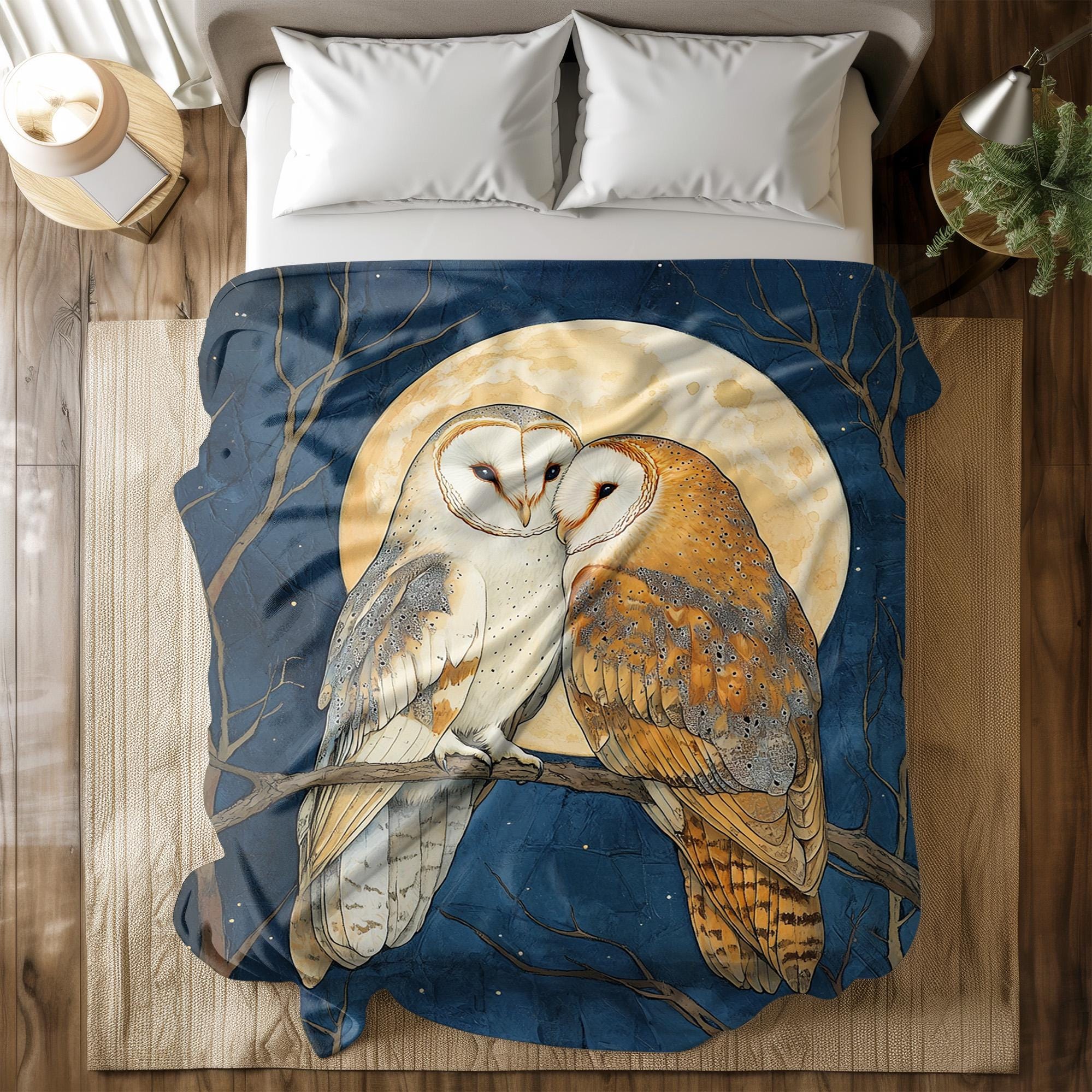 Barn Owl Couple Flannel Fleece Blanket – Romantic Wildlife Throw for Bed, Sofa, or Travel &nda