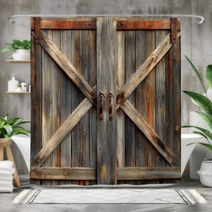 May include: A shower curtain featuring a rustic wooden barn door with a weathered, distressed look. The door is made of horizontal planks with a diagonal cross pattern and has rusty metal hinges and handles.