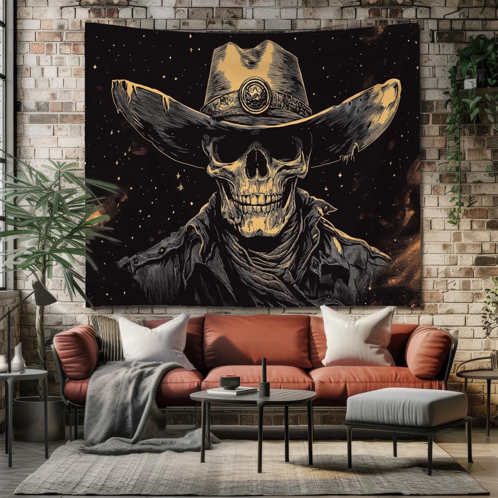 Cowboy Skull Tapestry, Western Skeleton Wall Art, Dark Gothic Cowboy ...