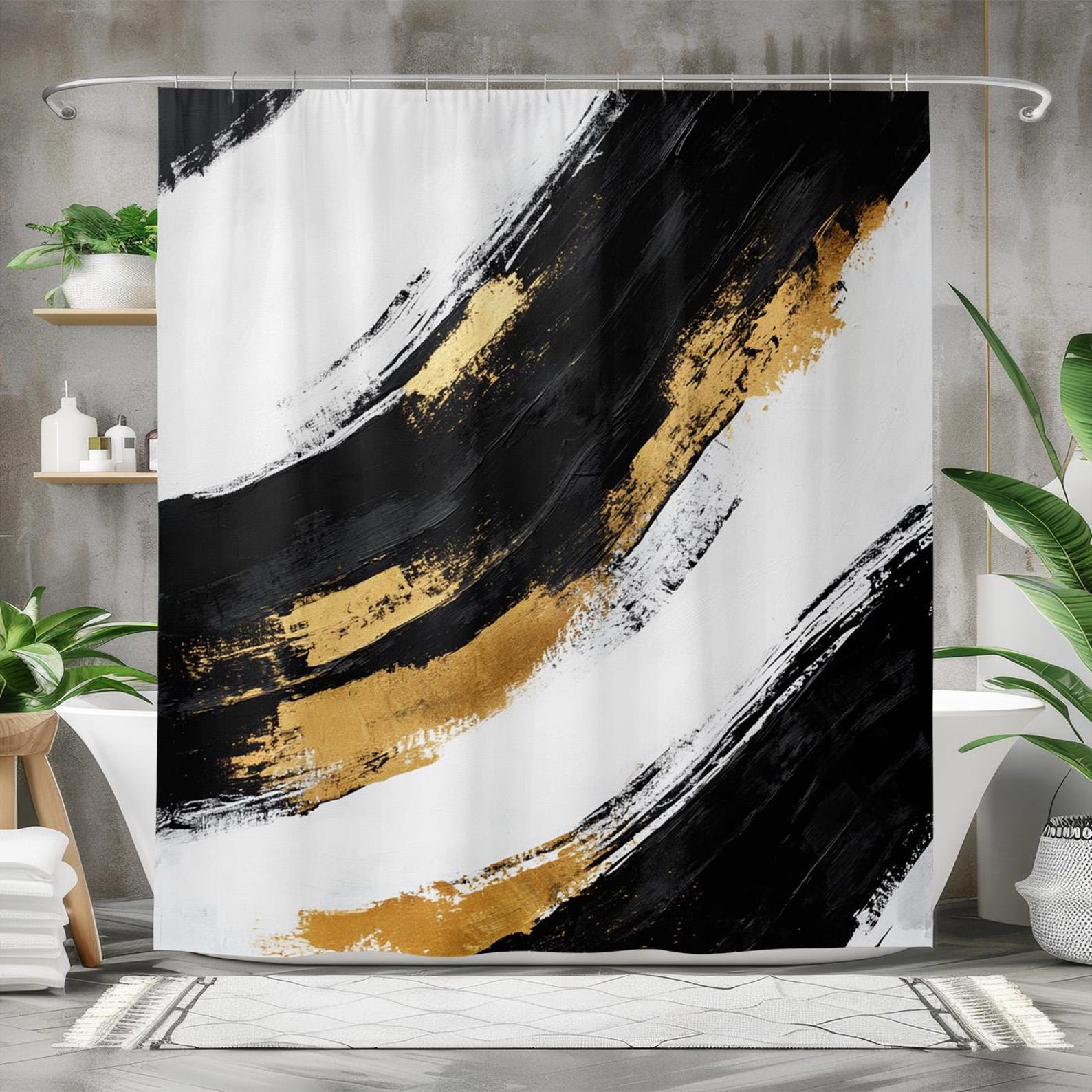 Modern Black Gold Abstract Shower Curtain, Waterproof Fabric Bath