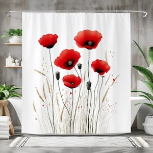 Red Poppy Shower Curtain, Floral Bathroom Decor, Botanical Bath Curtain, Waterproof Fabric, Elegant Red Flower Design, Minimalist Art