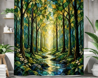 Stained Glass Forest Shower Curtain, Enchanted Woodland Stream Art, Green Nature Bathroom Decor, Cottagecore Forest Bath Curtain