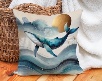 Funda de almohada abstracta con diseño de ballena, cojín con decoración costera náutica con diseño de océano y luna para sala de estar o dormitorio
