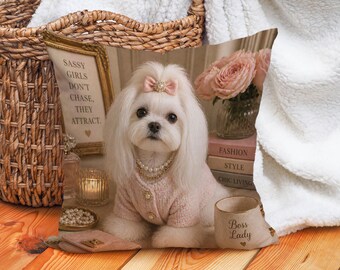 Glamouröser maltesischer Kissenbezug, Mode-Hundedekor, Boss Lady Hundekissen, schickes rosa Hundeliebhaber Geschenk, elegantes maltesisches Dekokissen