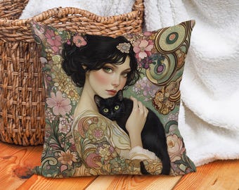 Funda de almohada Art Nouveau con diseño de niña y gato negro, funda de almohada de lino y algodón estilo bohemio, decoración de cojín floral inspirada en Gustav Klimt, verde, rosa y negro