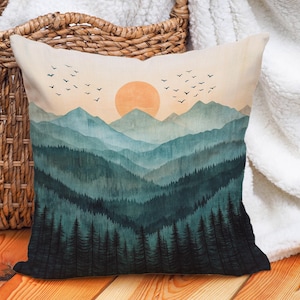 Mountain Sunset Cotton Linen Throw Pillow Cover, Forest Landscape Pillowcase, Decorative Cushion Cover - Teal, Sage, Black, Beige