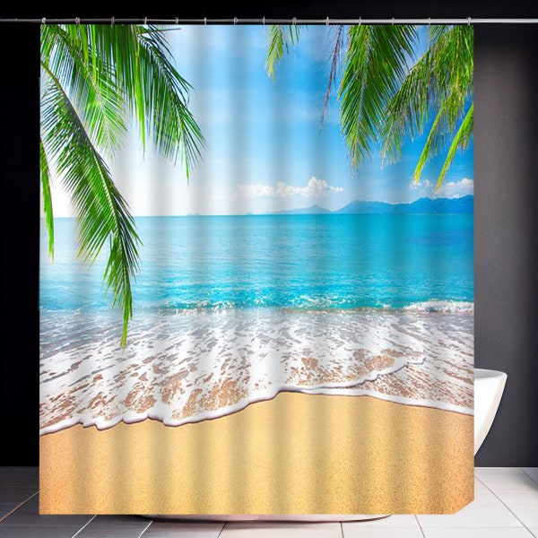 Beach Shower Curtain Tropical Beach, Pal Trees Seascape Bath Decor Ocean Waterproof Washable Polyester Fabric Bathroom Curtains with Hooks