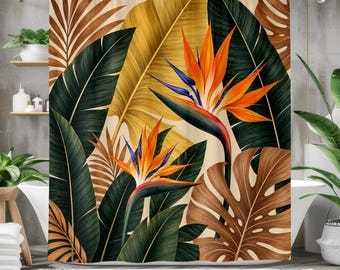 Bird of Paradise Shower Curtain, Tropical Botanical Bathroom Decor, Exotic Floral Leaf Art, Boho Jungle Bath Curtain, Mid Century Decor