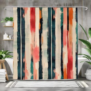 Modern Abstract Shower Curtain | Waterproof Fabric Bath Curtain | Vibrant Bathroom Decor | Teal, Coral, Beige, Orange