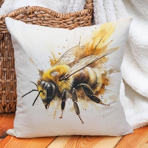Aquarel bijenkussensloop met realistische gele en zwarte kunstprint, natuurinsectenkussen, cadeau voor imkers, zoemend tuindecor