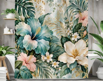 Tropical Hibiscus Shower Curtain, Sage Green Teal Botanical Bathroom Decor, Blush Pink Floral Bath Curtain, Elegant Coastal Boho Jungle Art