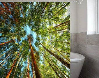 Groen Bos Blauwe Hemel Bomen Douchegordijn Natuur Bad Decor Bos Waterdicht Wasbaar Polyester Stof Badkamer Gordijnen met Haken