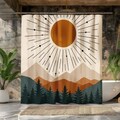 Boho Mountain Shower Curtain, Modern Sunburst Forest Bathroom Decor, Earth Tone Nature Print, Nordic Inspired Sunset Art Curtain product logo