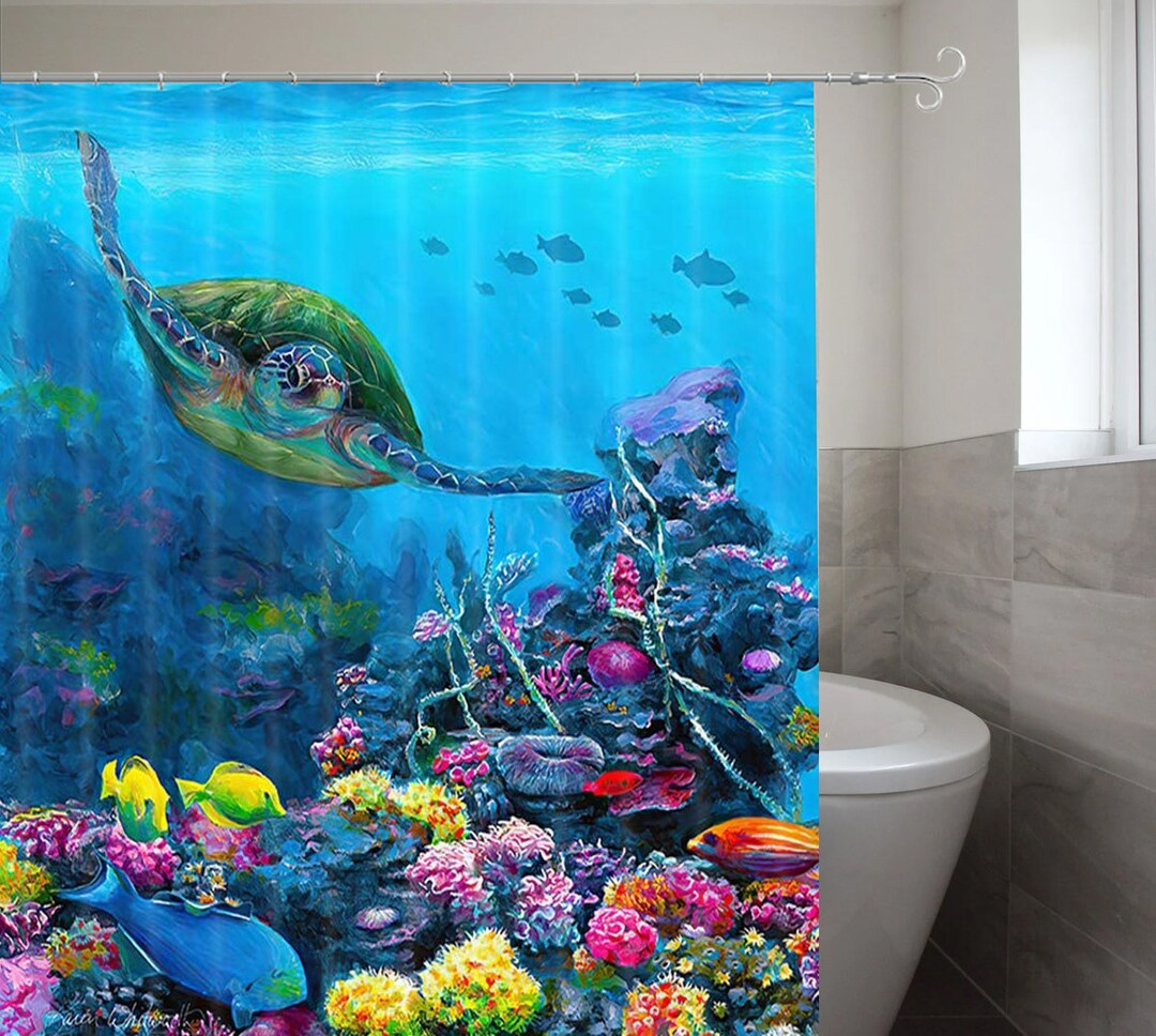 Sea Turtle Shower Curtain Coral Reefs Underwater World Bath Decor Ocean