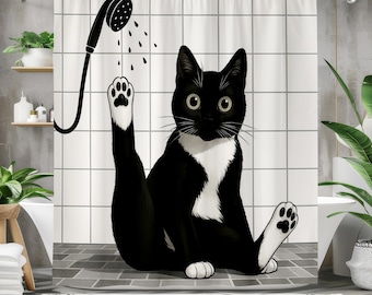 Funny Black Cat Shower Curtain in Yoga Pose, Cat Bathroom Decor, Whimsical Kitty Art for Cat Lovers, Cute Gift for Him or Her