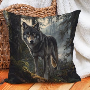 May include: A black and gray wolf stands in a dark forest with green foliage. The wolf is looking to the left of the image. The background is a dark green and brown.