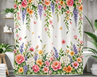 Floral Shower Curtain, Hanging Garden Flowers, Watercolor Wildflower Bathroom Decor, Cottagecore Botanical Bath Curtain, Spring Floral Decor