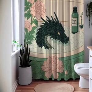 Dragon Bath Shower Curtain, Whimsical Fantasy Bathroom Decor, Waterproof Quick Dry Fabric image 2