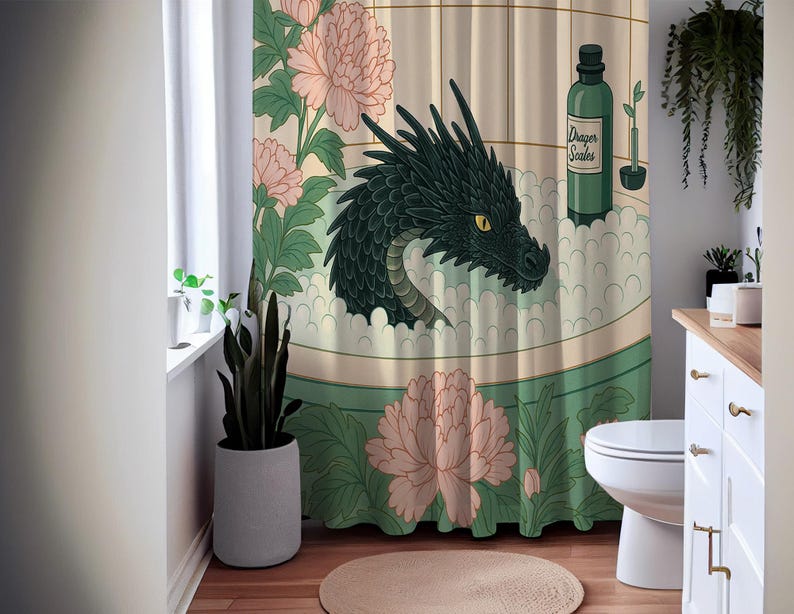 Dragon Bath Shower Curtain, Whimsical Fantasy Bathroom Decor, Waterproof Quick Dry Fabric image 2