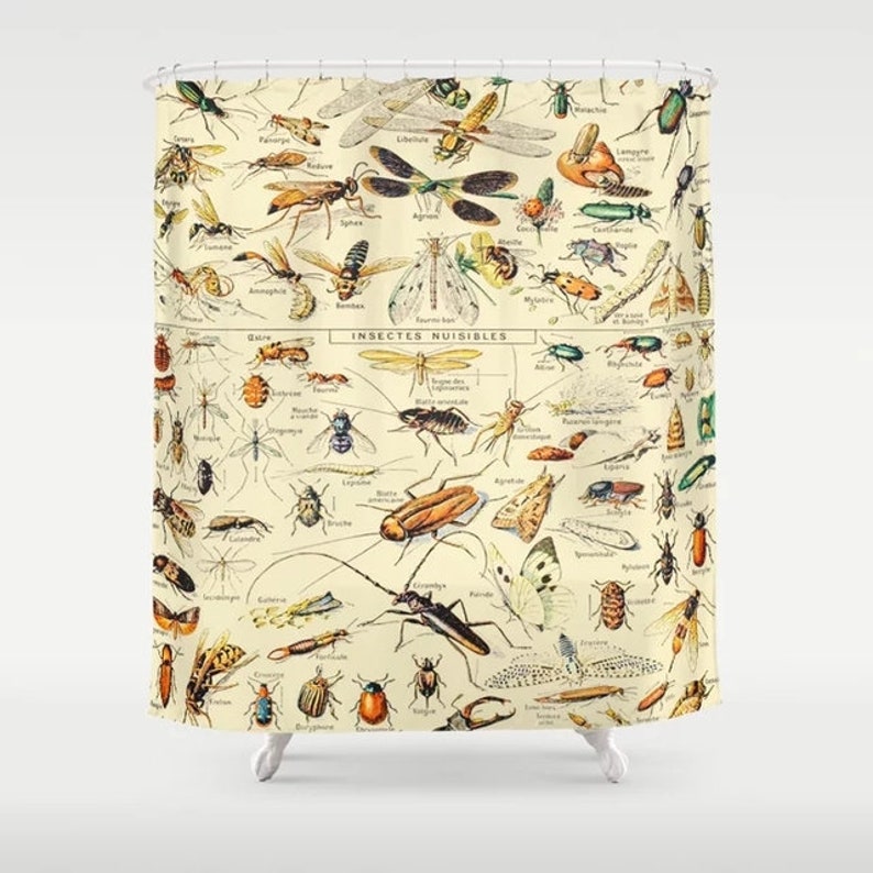 Insects Shower Curtain Retro Adolphe Millot Illustrations Art Print Bath Decor Washable ...