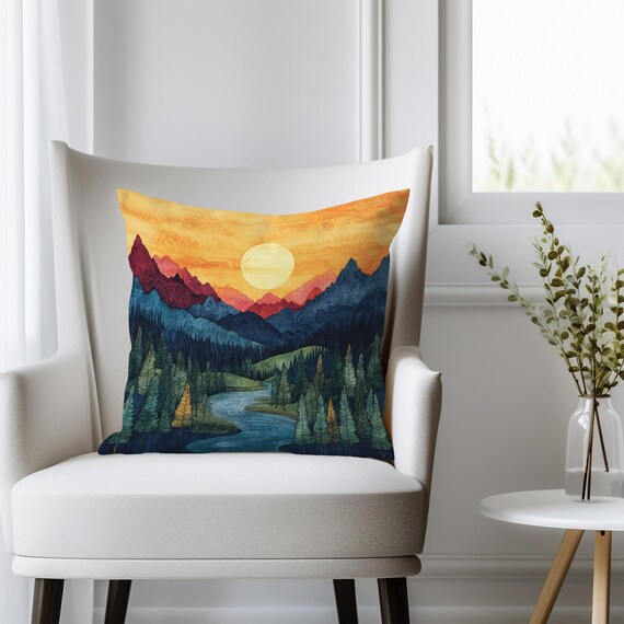 Mountain Forest Sunset Pillow Cover Vivid Landscape Art Double
