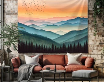 Berg Sonnenuntergang Tapisserie, Gelassene Waldlandschaft Wandkunst, Boho Natur Tapisserie für Wohnzimmer, Bunter Horizont Wandbehang Modernes Dekor