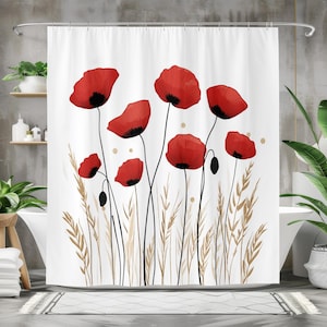 Elegant Poppy Shower Curtain, Red Flower Bathroom Decor, Botanical Bath Curtain, Waterproof Fabric, Modern Floral Design