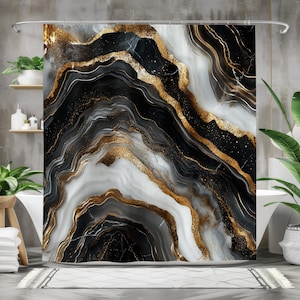 Black and Gold Marble Shower Curtain, Geode Bath Curtain, Bathroom Decor, Waterproof Fabric, Modern Luxury Design, Elegant Abstract Art