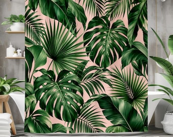Tropical Leaf Shower Curtain, Pink and Green Monstera Bathroom Decor, Palm Leaf Jungle Curtain, Botanical Boho Bath Decor