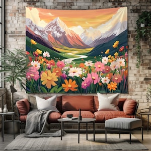 Floral Meadow Wall Hanging Tapestry – Colorful Wildflower Tapestries with Butterflies for Boho Decor, Nature-Inspired Room Art, Vibrant