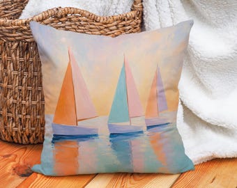 Pastell Segelboot Kunst Kissenbezug, Küsten Cottage Dekor, nautischen Ozean Akzent, Strandhaus Geschenk, sanfte Sonnenuntergang Meerlandschaft