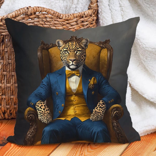 Dapper Leopard Cushion Cover – Cotton Linen Throw Pillow Cover – Animal Portrait Pillowcase – Unique Home Décor – Regal Portrait