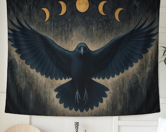 Gothic Raven Tapestry Wall Hanging – Lunar Phases Crow Art for Witches, Dark Aesthetic Bedroom Decor, Occult Moon Phase Wall Art