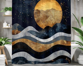 Celestial Moon Shower Curtain with Gold and Navy Abstract Mountains, Cosmic Bathroom Decor, Modern Spiritual Shower Gift for Her or Him