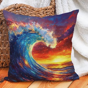 Colorful Ocean Wave Throw Pillow Cover, Cotton Linen Pillowcase, Sunset Coastal Cushion, Abstract Sea Waves Decor, Beach House Sofa Pillow