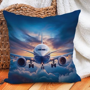 Airplane Throw Pillow Cover, Cotton Linen Pillowcase, Aviation Cushion Cover, Sunset Sky Travel Decor, Pilot Gift, Blue Orange