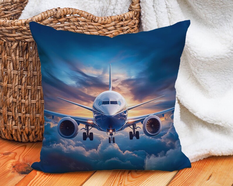 Airplane Throw Pillow Cover, Cotton Linen Pillowcase, Aviation Cushion Cover, Sunset Sky Travel Decor, Pilot Gift, Blue Orange