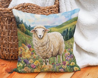 Country Sheep Cotton Linen Throw Pillow Cover, Farm Animal Decorative Pillowcase with Floral Meadow Design, Unique Cushion Cover