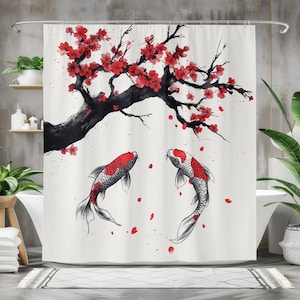 Koi Fish and Cherry Blossom Shower Curtain, Waterproof Fabric Bath Curtain, Japanese Art-Inspired Bathroom Decor, Asian Theme Bathroom Art