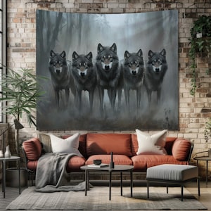 Pack of Wolves Tapestry Wall Hanging – Dark Forest Wolf Art, Majestic Wildlife Decor, Mystical Wall Art for Bedroom or Living Room
