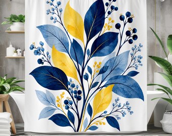 Blue and Yellow Botanical Shower Curtain, Navy Blue Watercolor Leaves, Floral Bathroom Decor, Modern Minimalist Nature Art, White Bath