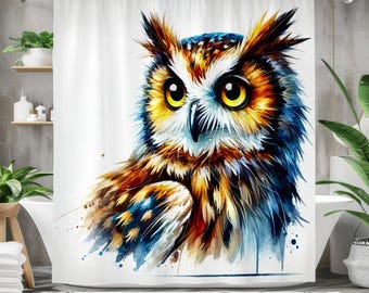 Rideau de douche hibou aquarelle oiseau forestier, décoration de salle de bain art animalier vibrante, cadeau hibou sage pour les amoureux de la nature, accent de style bohème