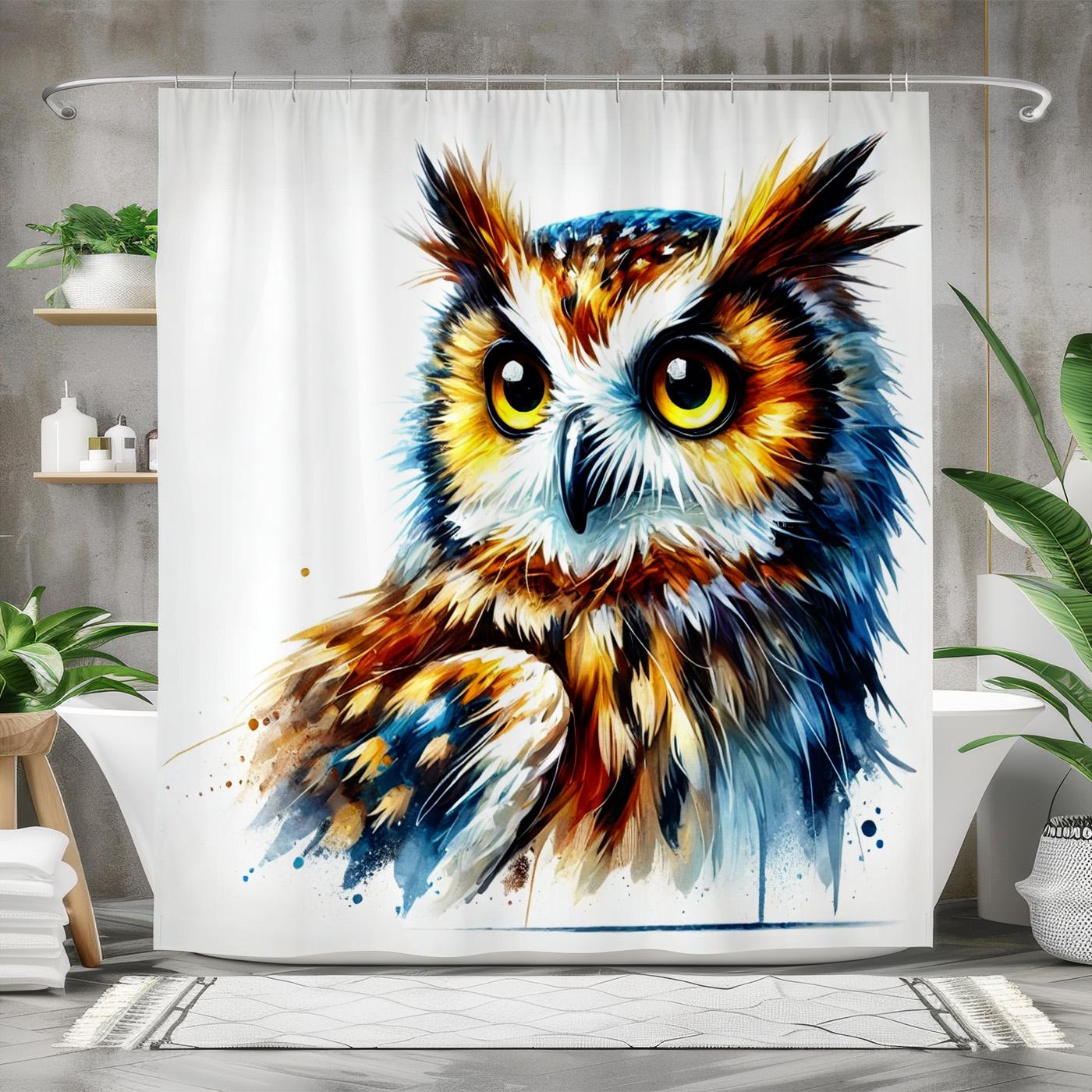 Owl Shower Curtain Watercolor Forest Bird, Vibrant Animal Art Bathroom Decor, Wise Owl Gift for Natu