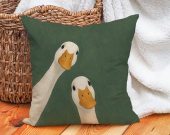 Lustiger Gans-Kissenbezug, neugierige Enten-Porträtkunst, Bauernhaus-Tierdekor, wunderlicher Landhaus-Akzent-Kissenbezug