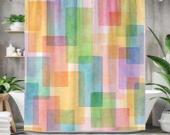 Warmer abstrakter Aquarell-Duschvorhang, moderne Farbblock-Pastellkunst, buntes Badezimmerdekor, geometrischer Boho-Hauptakzent
