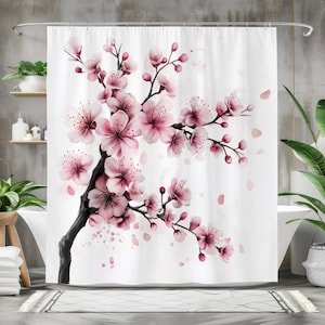Cherry Blossom Shower Curtain, Waterproof Fabric Bath Curtain, Japanese Sakura Bathroom Decor, Pink Flower Japanese Art Minimalist Design