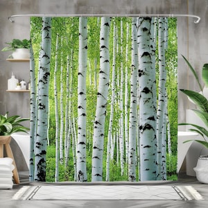 Birch Forest Shower Curtain, Waterproof Fabric Bath Curtain, Nature-Inspired Bathroom Decor, Green and White Tree Design, Scenic Home Decor