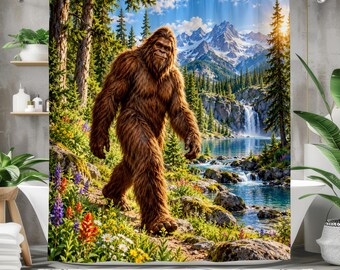 Bigfoot Shower Curtain, Sasquatch Mountain Forest Scene, Yeti Wilderness Bathroom Decor, Waterfall Lake Landscape, Cryptid Gift