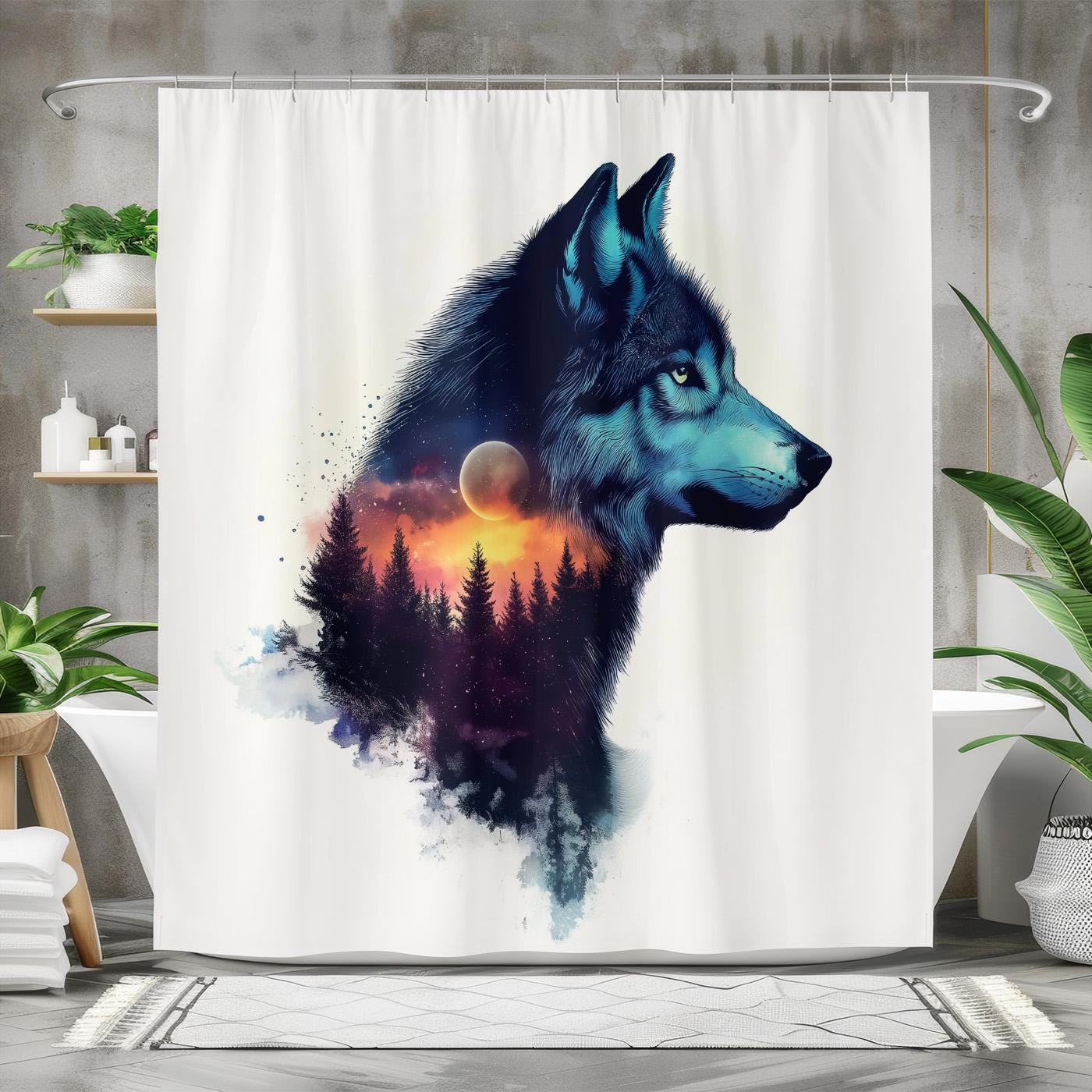 BCNEW Duschvorhang 'Vollmond Wolf' – 178x178 Cm, Polyester, Gothic-Design Mit Haken
