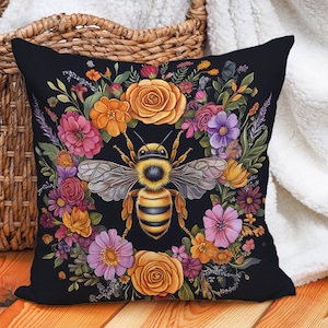 Honey Bee Floral Pillow Cover, Cotton Linen Throw Pillowcase, Decorative Cushion with Hidden Zipper, Black, Yellow, Purple, Orange